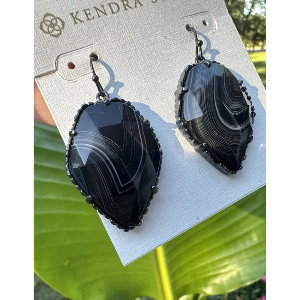 Kendra Scott Corley Earrings Black Banded Agate Gunmetal Dangle Drop‎